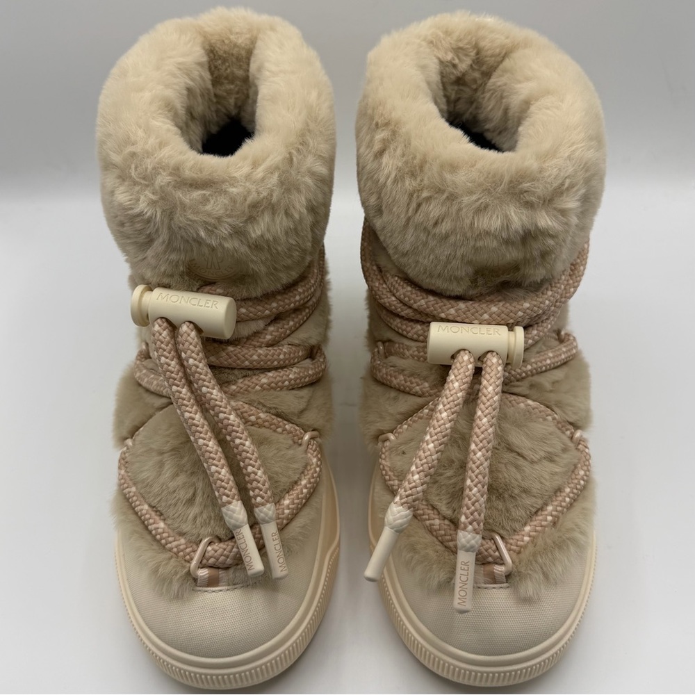 NEW Moncler Mon Altive Beige Plush Teddy Faux Fur Snow Apres Ski Logo Boot EU 39